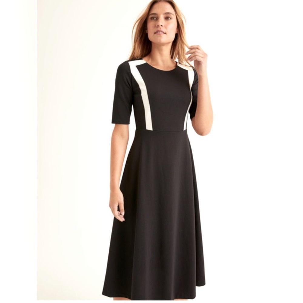Boden Emily Ponte Midi Dress Size 4P Long Black White Stretch Fit and Flare